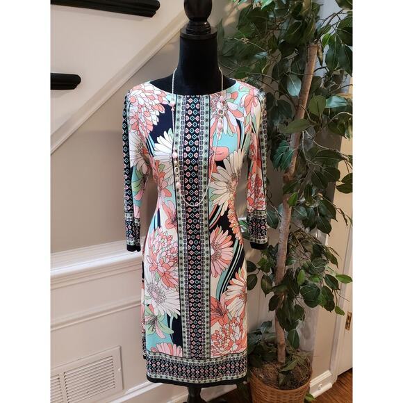 London Times Shift Dress Women 8 Multi Floral Long Sleeve Round Neck Stretch - Picture 1 of 12